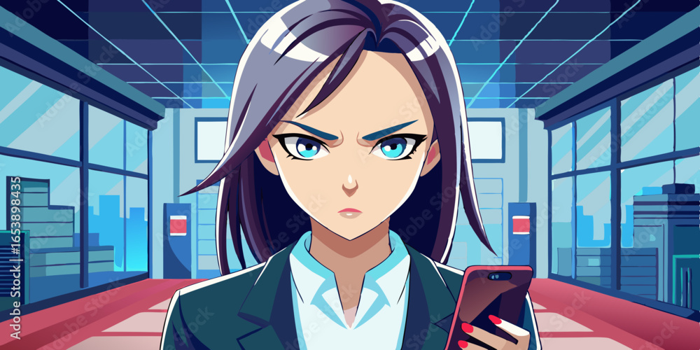 Poster モダンな街並みの窓の前に立つエレガントなスーツを着たアニメ風の女性ビジネスマネージャー、自信に満ちた表情とダイナミックな決意のポーズのイラスト