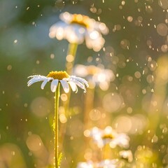 Delicate daisies bathed in golden sunlight, with water droplets