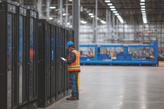Technician working in a large server room