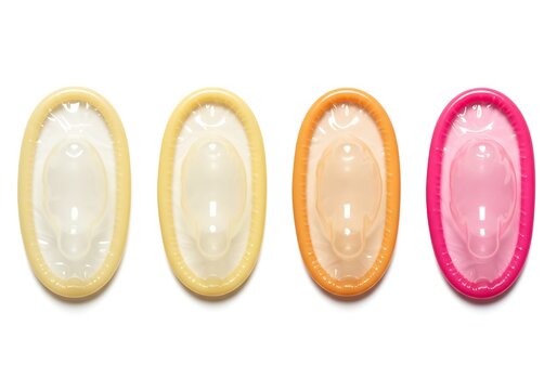 An image showing different colored and textured unrolled condoms for a health campaign