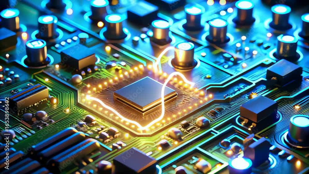 Poster a detailed close up of a complex circuit board with glowing components and intricate pathways png, t