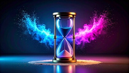 A vibrant, colorful explosion hourglass with liquid time dripping away, symbolizing fleeting moments of life against a dark, surreal, and mystical background