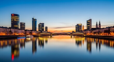 Fototapeta premium Photo of modern city skyline reflected in a calm river at dusk, with illuminated buildings and a bridge