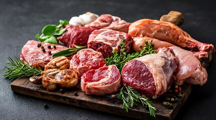 Different types of raw meat beef pork lamb chicken