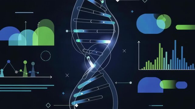 DNA helix analysis and gene expression visualization with biological data charts. Genomics research concept animation. - Powered by Adobe