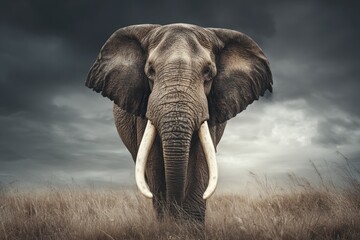 Naklejka premium Powerful elephant in a stormy field