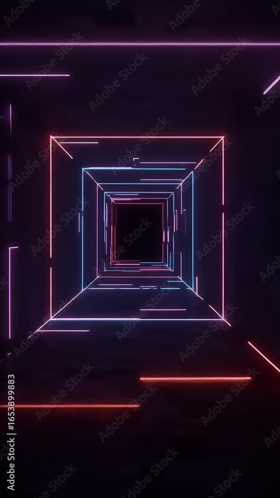 Poster abstract geometric neon tunnel structure with glowing lines and perspective, dark background