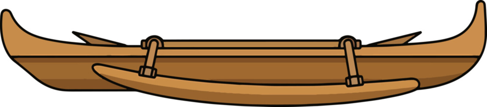 Traditional Outrigger Canoe. A detailed vector illustration of a traditional wooden outrigger canoe, a symbol of island culture and maritime heritage.