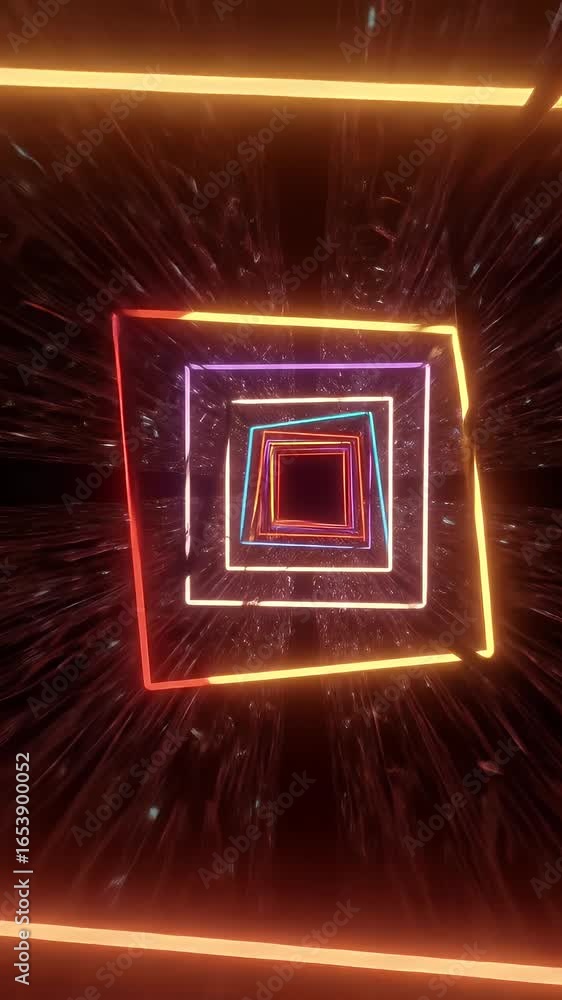 Poster abstract geometric neon tunnel light background with glowing squares and motion