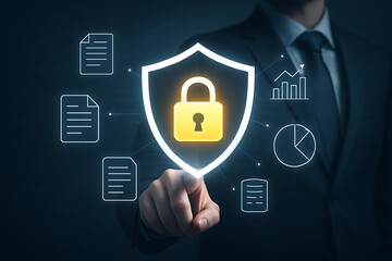 Cybersecurity and data protection concept, a businessman points to a glowing shield with a padlock, surrounded by icons of digital documents, charts, and data security