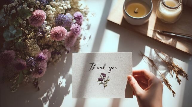Aesthetic thank you card held in hand with delicate floral design surrounded by soft flowers candle light and rustic accents conveying gratitude and appreciation in a warm - Powered by Adobe