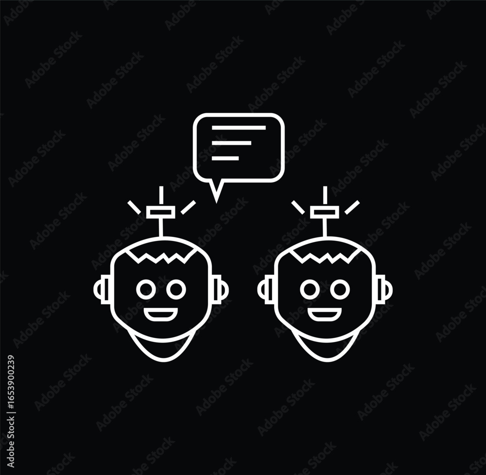 Poster a minimalist vector icon showing two robot heads communicating with a speech bubble. the white line-