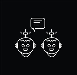 A minimalist vector icon showing two robot heads communicating with a speech bubble. The white line-art on a black background illustrates concepts of AI conversation, interaction, and machine learning