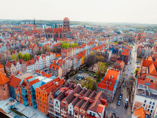 Gdansk with Motlawa river in Poland. Aerial landscape of the Main Town. Old town colourful house with saint Marys church