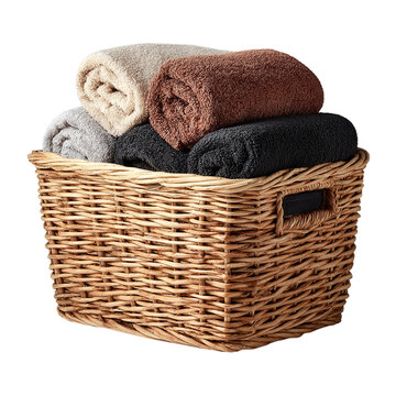 Rattan laundry basket with folded towels - isolated white background 