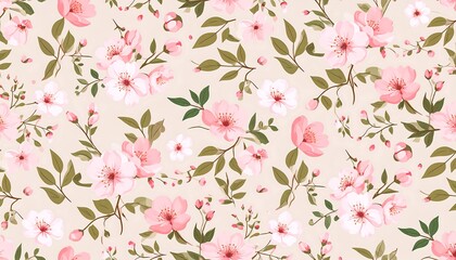 Delicate floral pattern with pastel pink and white blossoms on a light beige background