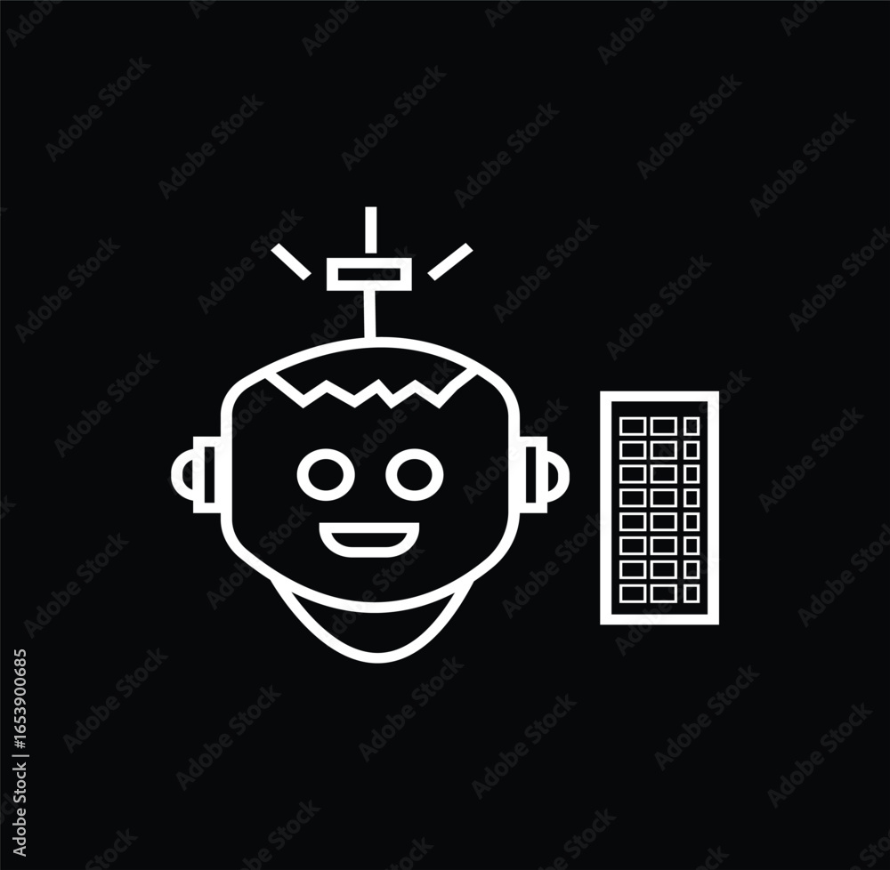 Poster a sleek, minimalist vector icon of a happy robot head next to a control panel, rendered in white lin