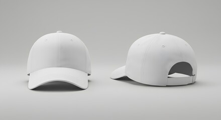 Fototapeta premium Two white baseball caps shown from front and back, isolated on a plain background