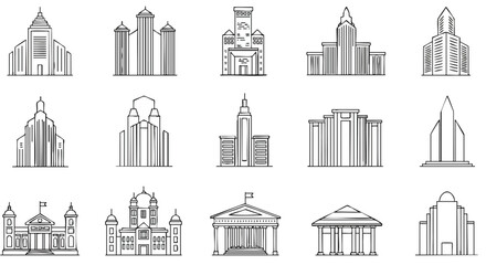 Obraz premium A collection of minimalist black and white line art icons depicting various architectural styles of temples, churches, and official buildings, perfect for web design.