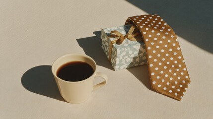 Merchant Navy Day Gift Box with Polka Dot Tie and Coffee Cup, Premium Masculine Fathers Day and Summer Celebration Styling for Modern Marketing Campaigns