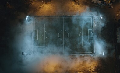 Empty soccer field at night, shrouded in fog