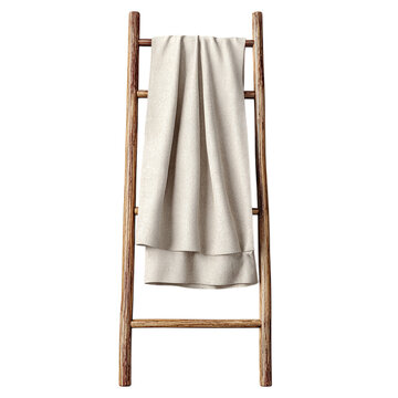 Soft blanket draped over wooden ladder - isolated white background 