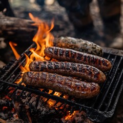 Sausages grilling over fire in forest
