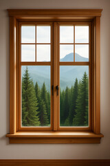 Wooden window frame with a scenic view of an evergreen forest and a distant mountain peak, representing a peaceful home retreat in nature.