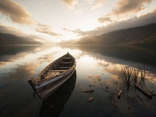 Fototapeta premium Ancient Boat, Serene Loch Ness Dawn