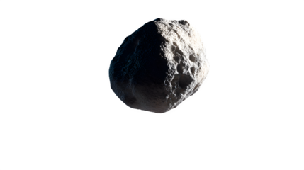 Tiny captured asteroid moon orbiting a large planet, photoreal, isolated on white