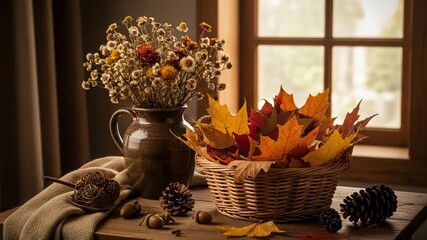 Cozy autumn still life with a basket of colorful fall leaves and a vase of dried flowers. Rustic home decor on a wooden table by a window.