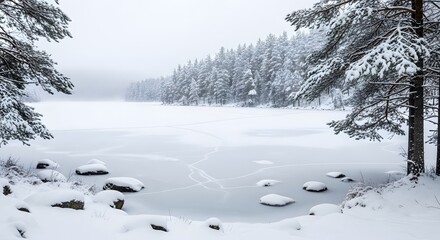 Photo of frozen lake and snowcovered pine forest in winter landscape, on white