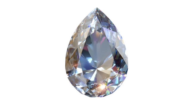 Transparent gemstone shaped like a teardrop with internal sparkle, isolated on transparent background
