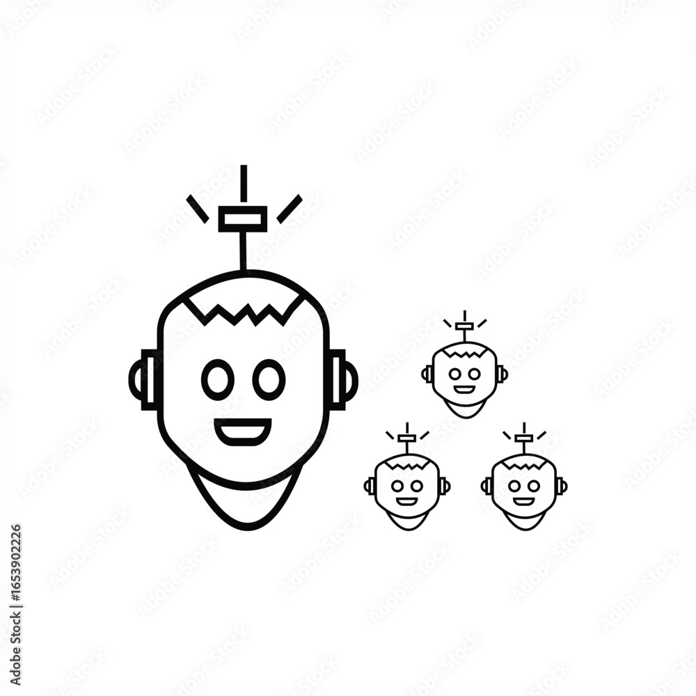 Poster a simple, clean line-art vector icon set featuring a large and small versions of happy robot heads. 