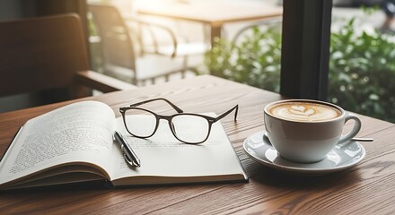 Cozy Coffee Break with Open Book and Glasses A Moment of Relaxation and Reflection in a Tranquil Cafe Setting with a Cup of Coffee