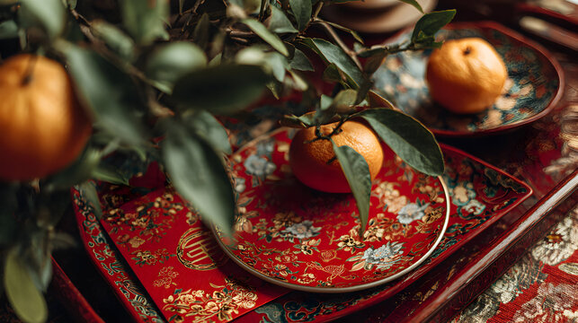 Elegant chinese new year arrangement featuring tangerines foliage red envelopes on decorative floral dishes vibrant festive composition with traditional cultural elements for