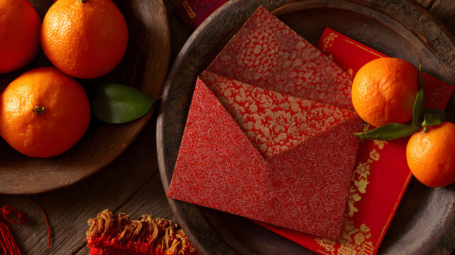 Festive tangerine oranges and traditional red envelopes symbolize lunar new year auspiciousness and prosperity for cultural celebrations on textured wooden background offering