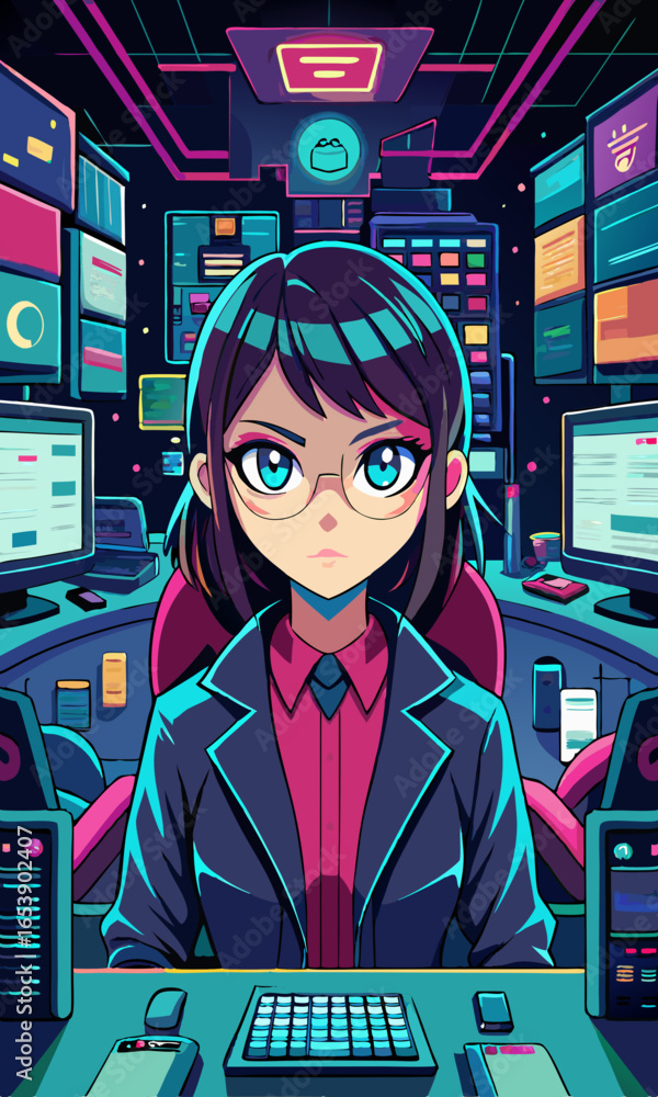 Poster vector illustration of anime-style woman coder in futuristic workplace, with glowing monitors and co