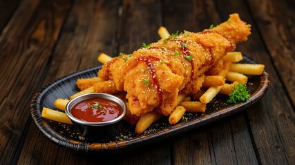 Black Wooden Plate of Golden Fried Fish and Chips with Flavorful Sauce