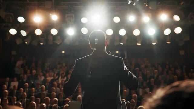 Politician giving speech on podium large crowd 4K Videos