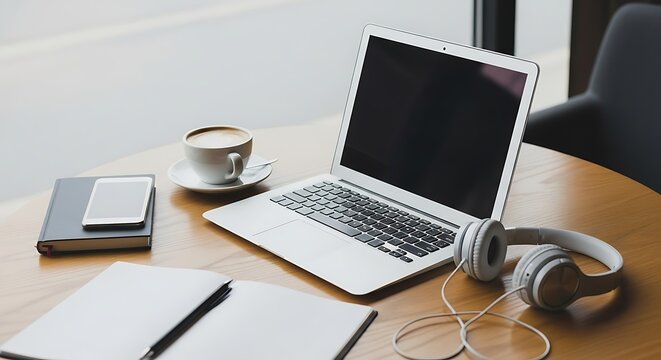 Cozy workspace with laptop open notebook headphones coffee and smartphone ideal for remote work study and creative projects featuring a light wooden table and a bright window backdrop