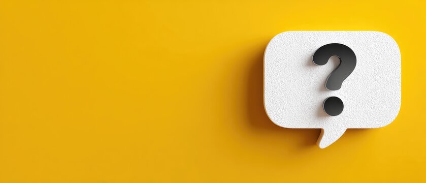 White speech bubble with a black question mark on a bright yellow background
