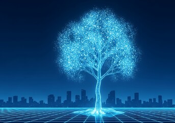 Glowing digital tree made of blue binary code and data streams emerges from a futuristic city skyline and circuit board pattern