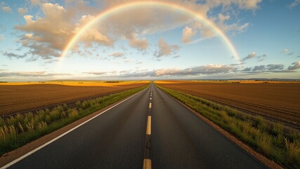 Open Field Road with Colorful Rainbow