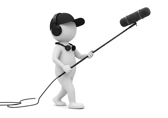 3d character holding a boom microphone isolated on white background