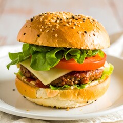 Delicious burger on a white plate