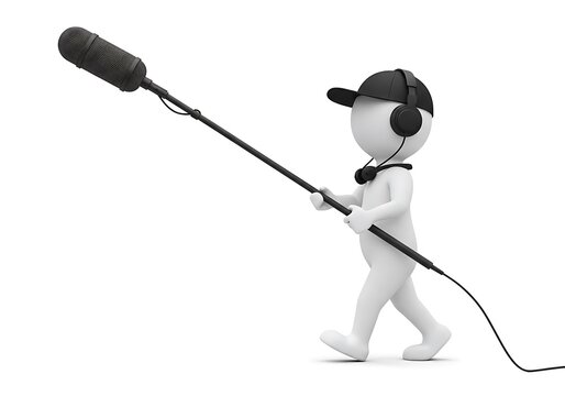 3d character with boom microphone and headphones isolated on white background