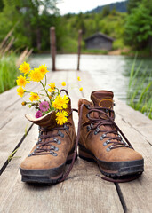 Hiking Boots with Wildflowers by a Mountain Lake in Autumn
