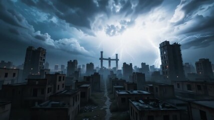 Apocalyptic cityscape with lightning strikes and ruins, symbolizes disaster and destruction amidst - Powered by Adobe