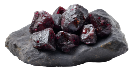 Unpolished garnet nuggets in rock, photoreal, isolated on white